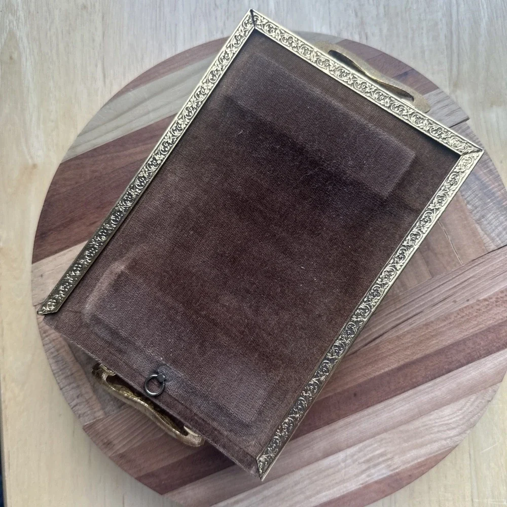 Vintage Picture Vanity Tray 8.5 Inch‎ Handles Velvet Gold Plate Ornate Flowers
